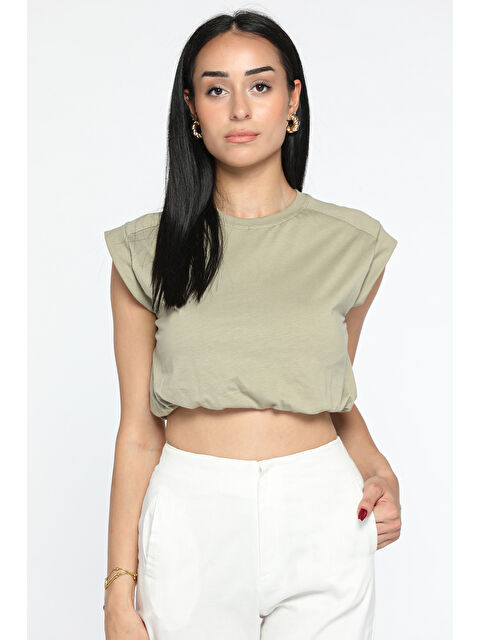 Gülseli Bisiklet Yaka Bel Lastikli Kadın Basic Crop Top Tişört - S000299911-18547