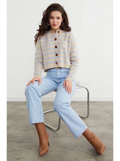 Fullamoda Çizgili Düğmeli Triko Hırka - S000443577-17234