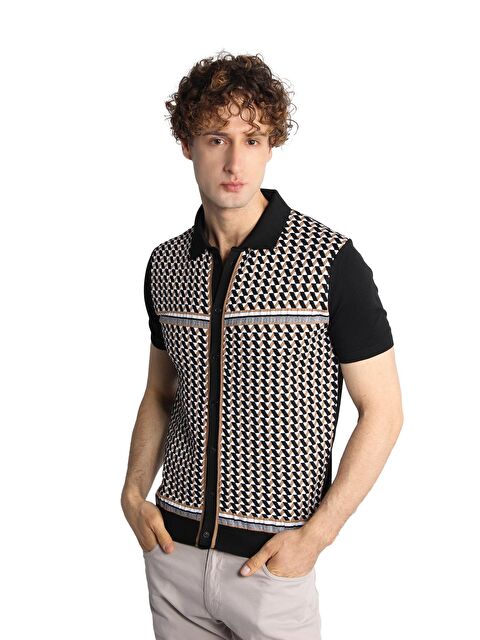 igs Siyah Slim Fit Dar Kalıp Düğmeli Polo Yaka Desenli Kısa Kollu Triko Tişört - S000490055-19351