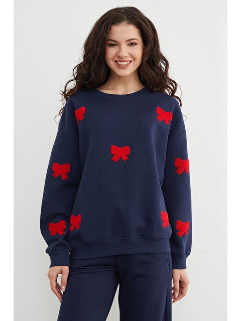 Fullamoda 3 İplik Fiyonk Nakışlı Oversize Sweatshirt - S000450111-21164
