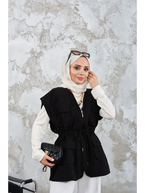 Locco Moda Kadın Kordon Detay Gabardin Bel Bağlamalı Yelek Siyah - S000510167-19351