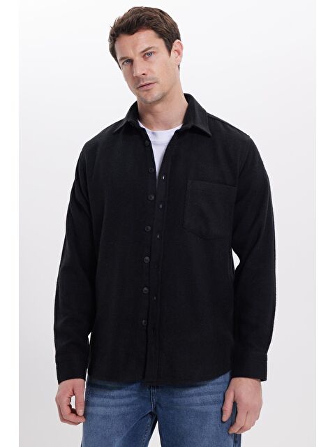 TUDORS Erkek Regular Fit Klasik Kesim Düz Cepli Koyu Siyah Oduncu Gömlek - S000525589-19351