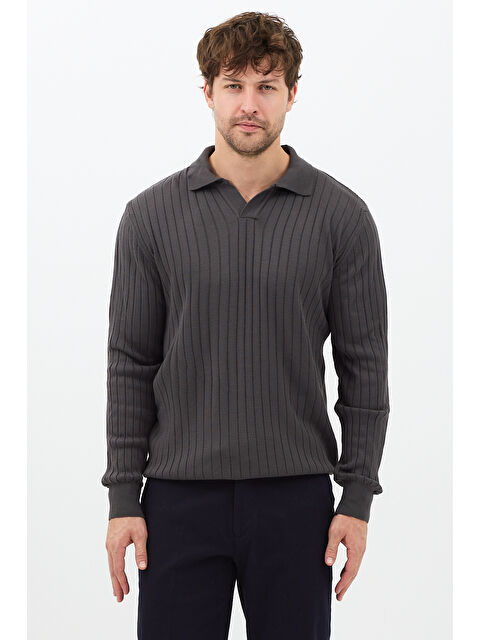 Tarz Cool Füme Erkek Polo Yaka Fitilli Triko Kazak - S000476095-33408