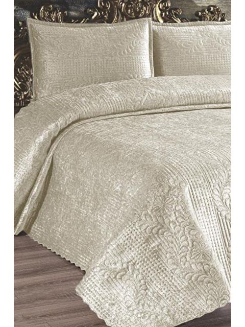 Çeyiz Diyarı Velica Çift Kişilik Kadife Yatak Örtüsü Krem - S000485674-23173