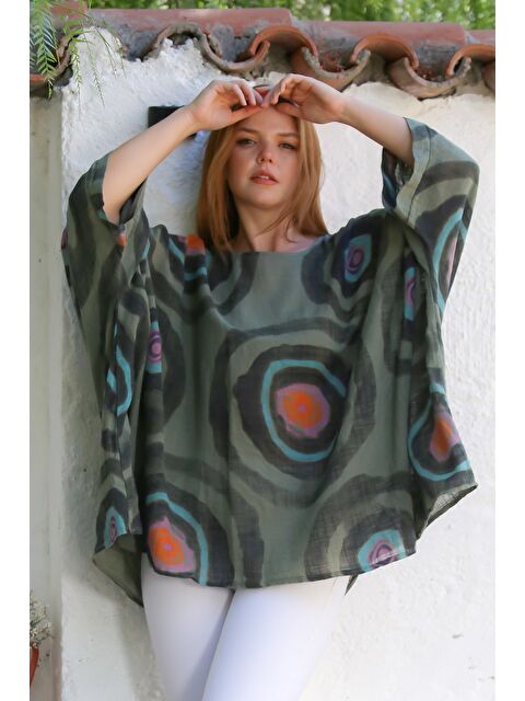 Chiccy İtalyan Haki Havuz Yaka Yarasa Kol Geometrik Desenli Keten Oversize Dokuma Tunik 80 120 - S000469027-18547