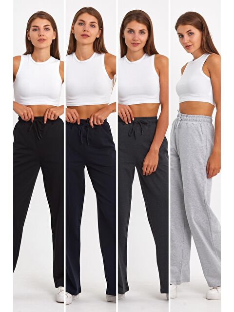 Mmetalic Siyah-Lacivert-Antrasit-Gri Kadın Mevsimlik Salaş Geniş Rahat Paça Yan Cepli 4'Lü Eşofman Altı - S000233747-23173