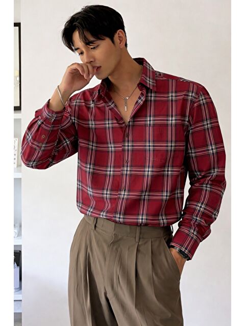 Tarz Cool Erkek Ekose Gömlek Slim Fit Uzun Kollu Pamuklu Günlük