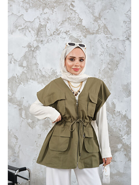 Locco Moda Kadın Kordon Detay Gabardin Bel Bağlamalı Yelek Haki Yeşil - S000510167-18547