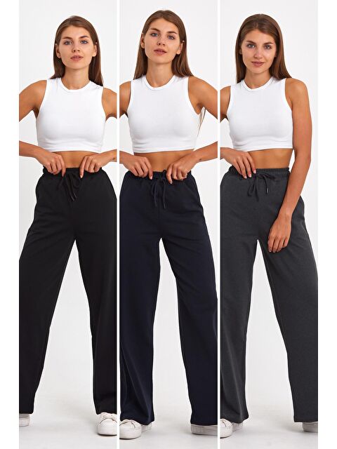 Mmetalic Siyah-Lacivert-Antrasit Kadın Mevsimlik Salaş Geniş Rahat Paça Yan Cepli 3'Lü Eşofman Altı - S000233747-37189