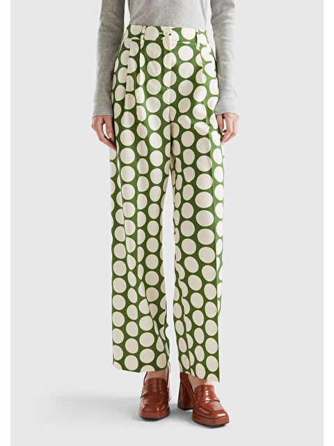 United Colors Of Benetton Kadın Yeşil Poliviskoz Puantiyeli Geniş Paça Pantolon - S000279063-18194
