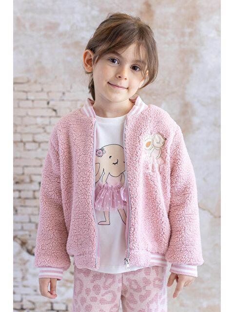MİNİNİO Kız Bebek Tavşan Nakışlı Pelüş Mont   Pembe - S000325881-20024
