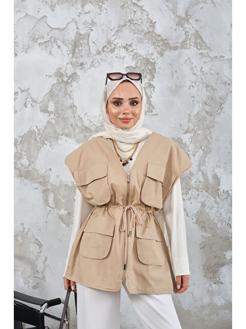 Locco Moda Kadın Kordon Detay Gabardin Bel Bağlamalı Yelek Krem - S000510167-19966