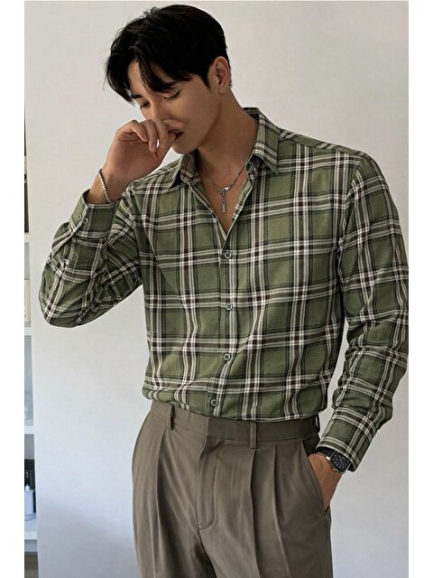 Tarz Cool Erkek Ekose Gömlek Slim Fit Uzun Kollu Pamuklu Günlük