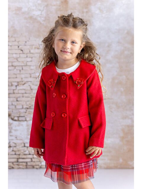 MİNİNİO Kız Bebek Gül Detaylı Kaşe Kaban - Kırmızı - S000325883-20045