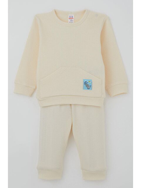 Breeze Erkek Bebek Pijama Takımı Omuzdan Patlı Kanguru Cepli Sevimli Fil Armalı Krem (4 Ay-1 Yaş) - S000501992-19966