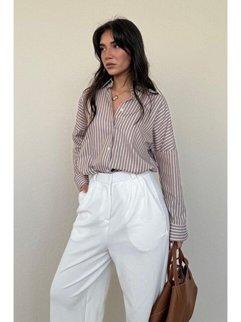 Madmext Camel Çizgili Kadın Gömlek Mg2410 - S000371844-4557