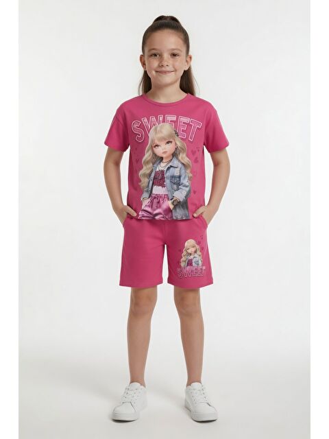 Cansın Mini Pembe Sweet Yazılı Karakter Baskılı Kız Çocuk Şortlu 2li Takım 23993