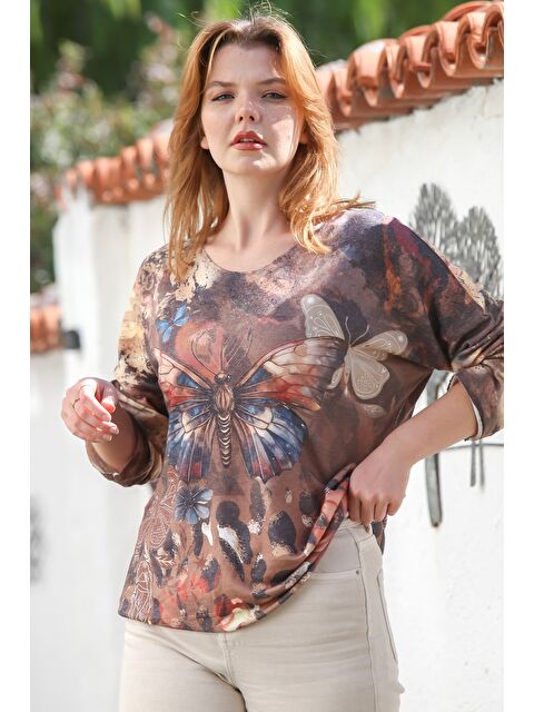 Chiccy İtalyan Kahverengi Havuz Yaka Uzun Kol Dijital Baskılı Casual Angora Triko Bluz 75 65 - S000469040-19413