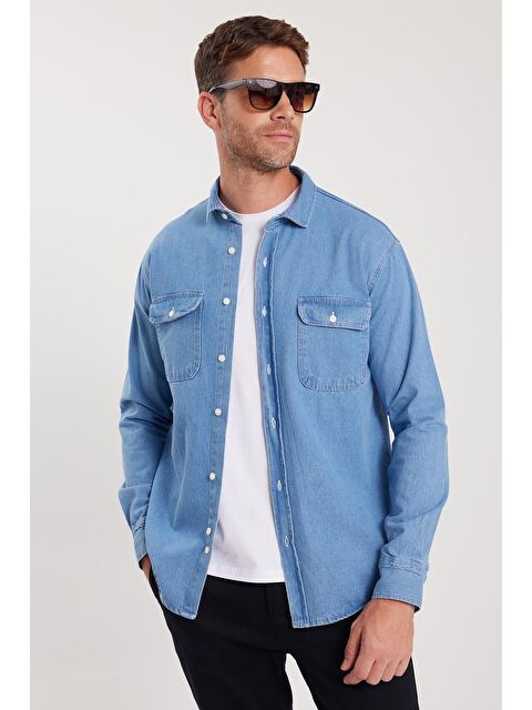 TUDORS Erkek Relax Fit Rahat Kesim Spor Yaka Çift Cep Kapaklı Denim Gömlek - S000525597-17437