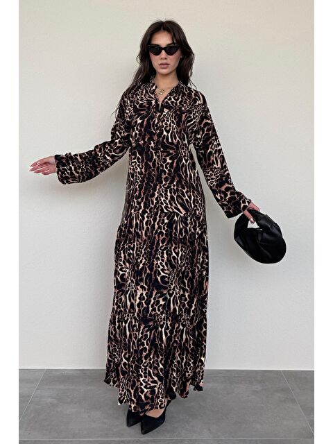Madmext Siyah Leopar Desenli Düğmeli Kadın Elbise Mg2399 - S000371845-19351