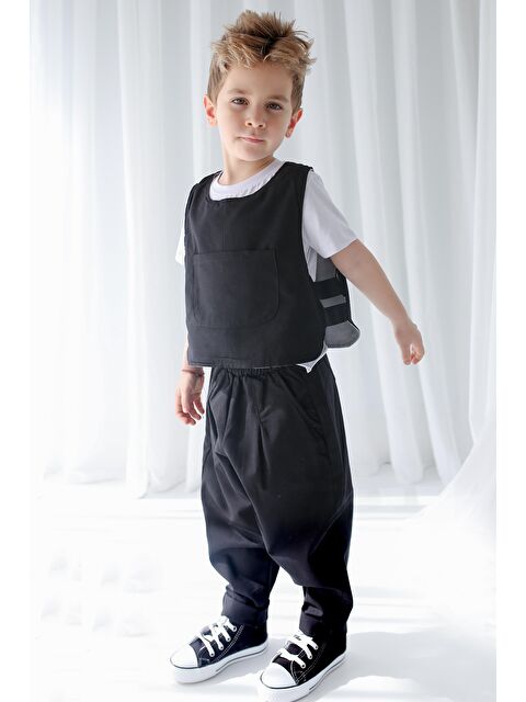 Catz Kids Siyah Keten Carrot Pantolon + Gri+Siyah Çift Taraflı Yelek - S000194296-37287