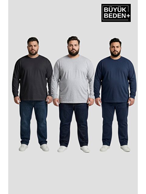 Süperlife Erkek Büyük Beden 3'lü Set Uzun Kollu 2 İplik Bisiklet Yaka Tişört SPR26BEA942+3