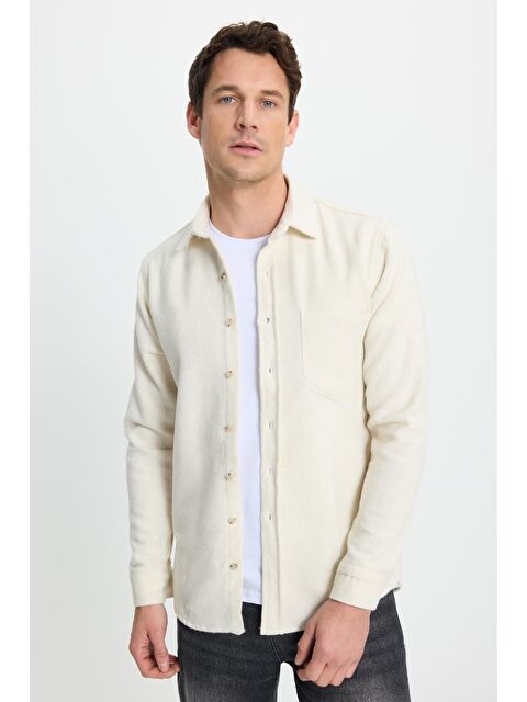 TUDORS Erkek Regular Fit Klasik Kesim Düz Cepli Ekru Oduncu Gömlek - S000525598-19965