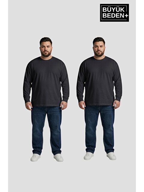 Süperlife Erkek Büyük Beden 2'li Set Uzun Kollu 2 İplik Bisiklet Yaka Tişört SPR26BEA942+2