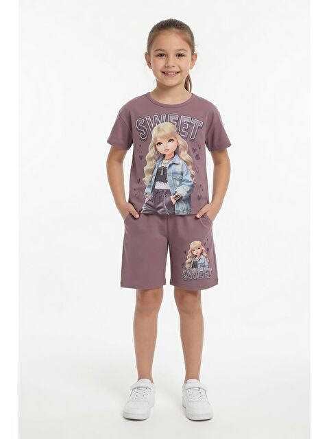 Cansın Mini Gül Kurusu Sweet Yazılı Karakter Baskılı Kız Çocuk Şortlu 2li Takım 23995