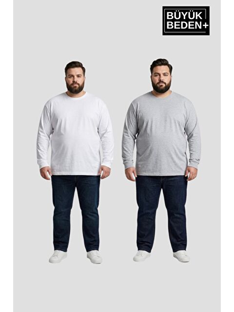 Süperlife Erkek Büyük Beden 2'li Set Uzun Kollu 2 İplik Bisiklet Yaka Tişört SPR26BEA942+2