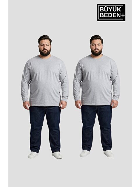 Süperlife Erkek Büyük Beden 2'li Set Uzun Kollu 2 İplik Bisiklet Yaka Tişört SPR26BEA942+2