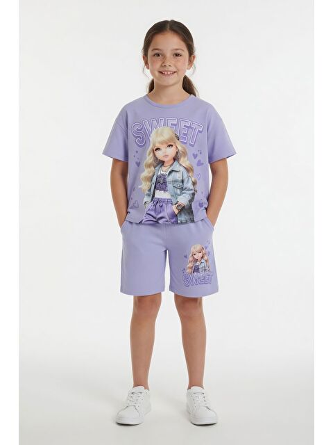 Cansın Mini Lila Sweet Yazılı Karakter Baskılı Kız Çocuk Şortlu 2li Takım 23994