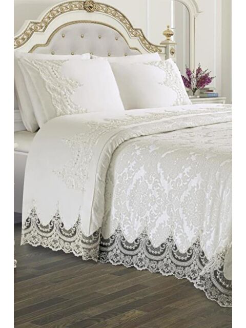 Çeyiz Diyarı Fransız Güpürlü Arus 3 Parça Pike Seti Krem - S000485632-23173