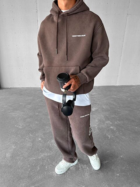 Abluka Online Oversize Baskılı Yıkamalı Hoodie Kahverengi - S000296383-19413