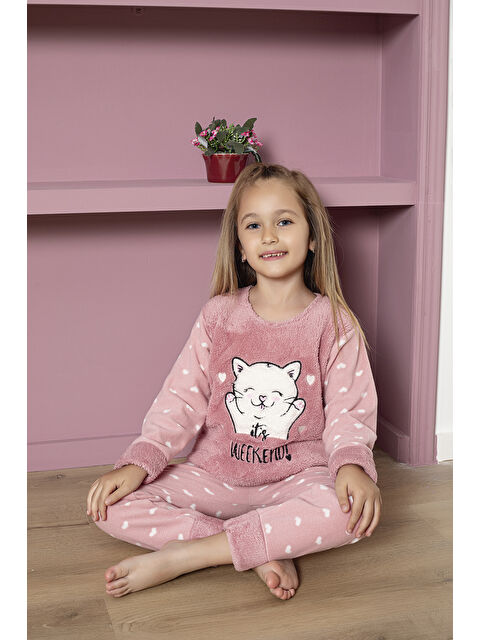 Modanino Kız Çocuk Welsoft Kumaş-Göz Bantlı Kedi ve Kalp Baskılı Pijama Takımı 12289 - S000446238-20028