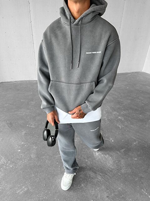 Abluka Online Unisex Oversize Basklı Yıkamalı Hoodie Gri - S000296383-20600