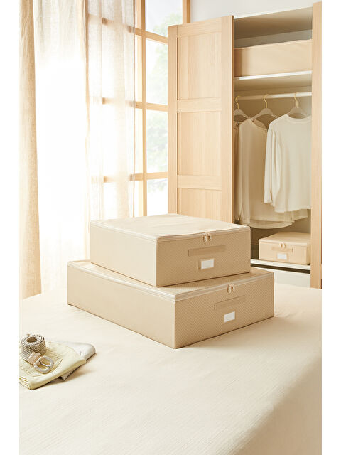 Ocean Home Textile 2'li Bej Balıksırtı Destekli Hurç Set 45 x 55 x 18 + 55 x 70 x 18 cm - S000336447-19928