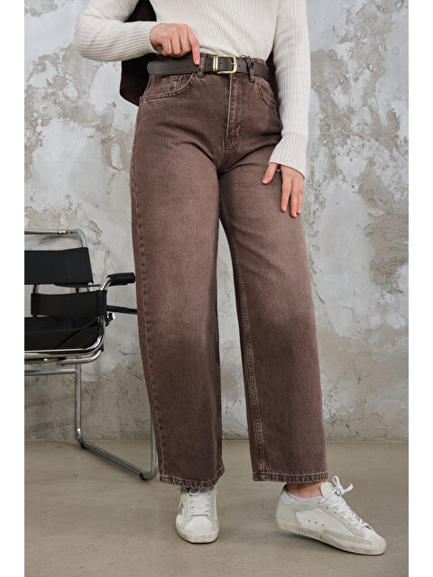 Locco Moda Kadın Yıkama Desen Kemerli Pantolon Kahverengi - S000510183-19413