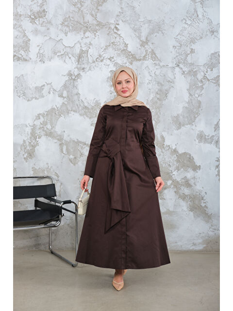 Locco Moda Kadın Pile Detay Elbise Kahverengi