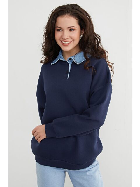 Fullamoda 3 İplik Jean Garnili Gömlek Yaka Oversize Sweatshirt - S000463897-21164