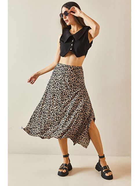 Xhan Kahverengi Asimetrik Leopar Desenli Etek 5YXK7-48595-18 - S000203427-19413