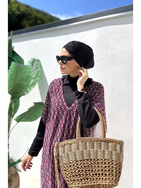 Remsa Mayo Tesettür Mayo Üzerine Desenli Tek Kaftan Pareo 430-306 Fuşya - S000211980-18686