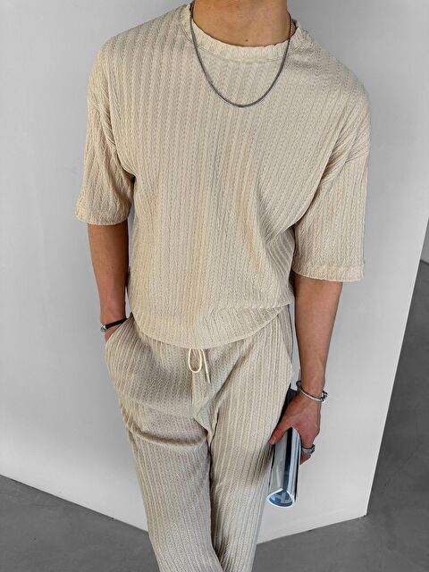 Abluka Online Erkek Oversize Desenli Tişört Bej - S000155217-19928