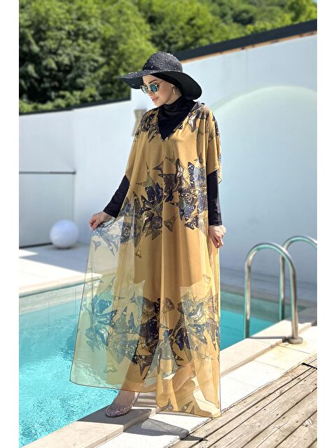 Remsa Mayo Tesettür Mayo Üzerine Desenli Tek Kaftan Pareo 430-310 Kelebek - S000211984-19928