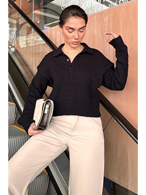 Madmext Siyah Saç Örgülü Polo Yaka Kadın Kazak Mg2310 - S000358134-19351