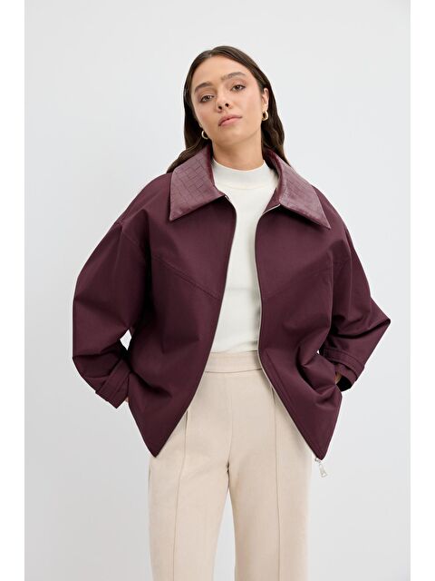 Kadriye Baştürk Fermuarlı Deri Yakalı Ceket Mürdüm - S000436142-20036