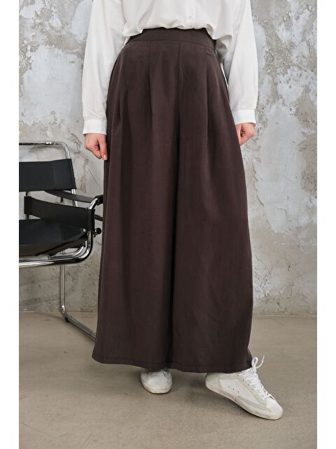 Locco Moda Kadın Pileli Bol Paça Pantolon Kahverengi - S000510189-19413