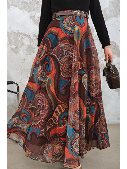 Locco Moda Kadın Kemerli Şifon Etek Kahverengi - S000510188-19413