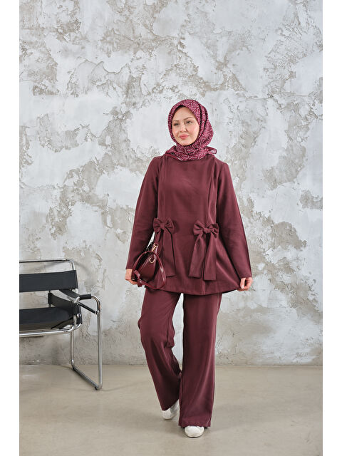 Locco Moda Kadın Bisiklet Yaka Kurdele Detay Modal Takım Bordo - S000510193-19951