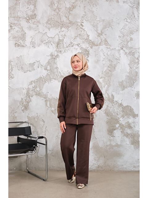 Locco Moda Kadın Omuz Gold Drop Detay Önü Cepli Fermuar Detay Takım Kahverengi - S000510192-19413